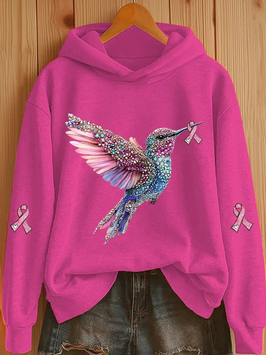 Women's Breast Cancer Hummingbird Ribbon Print Casual Hoodie
