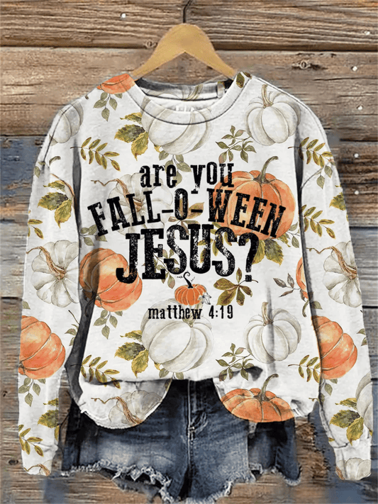 Women's Are You FALL-O-WEEN JESUS? Matthew 4:19 Print Crew Neck Sweatshirt