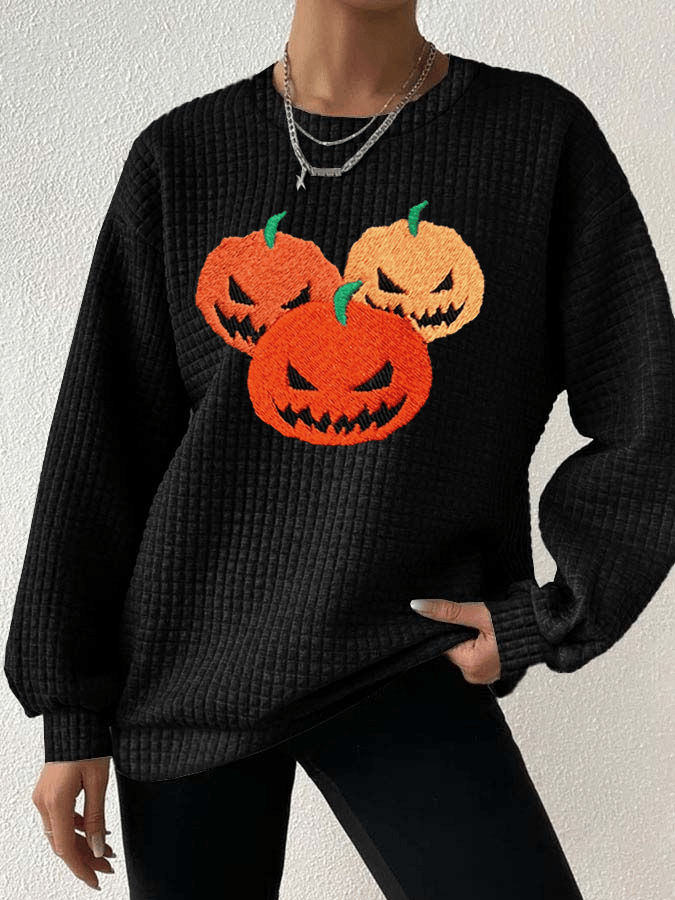 Women's Ghost Face Pumpkin Round Neck Waffle Sweatshirt