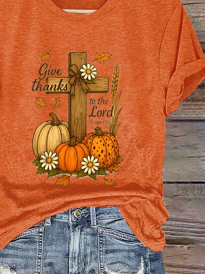 Women's Casual Faith Pumpkin Cross Short Sleeve T-Shirt