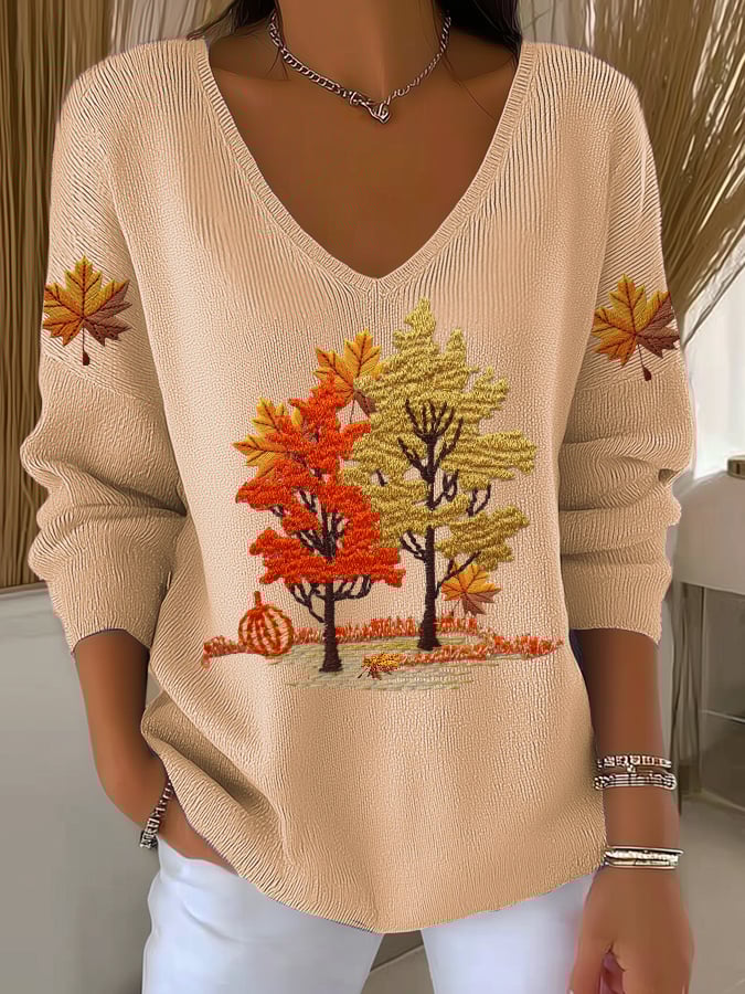 Women's Autumn Maple Leaf Striped Long-Sleeved Top