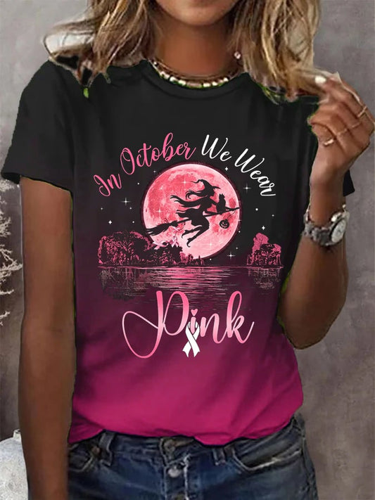 Women's In October We Wear Pink Breast Cancer Awareness Halloween Witch Print T-Shirt