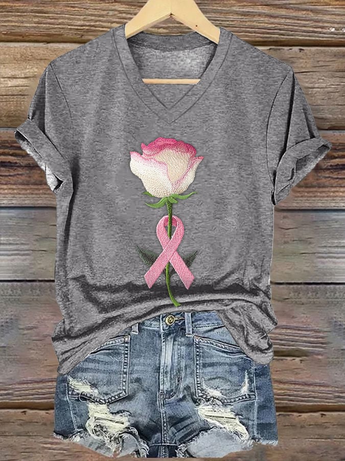 Women's embroidered pink floral print T-shirt