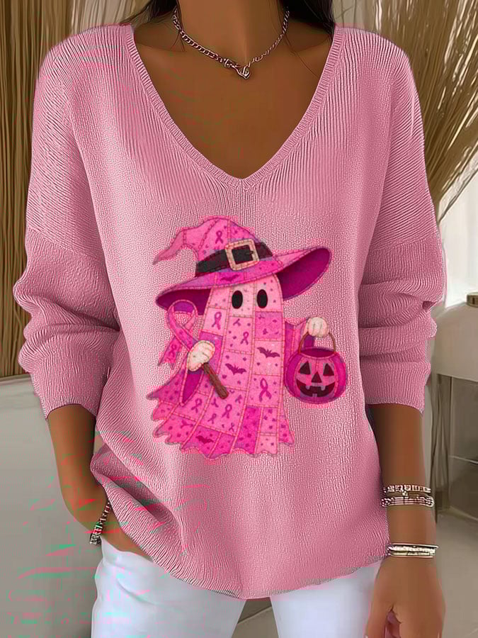 Women's Casual Retro Breast Cancer Print  Long-Sleeved T-Shirt
