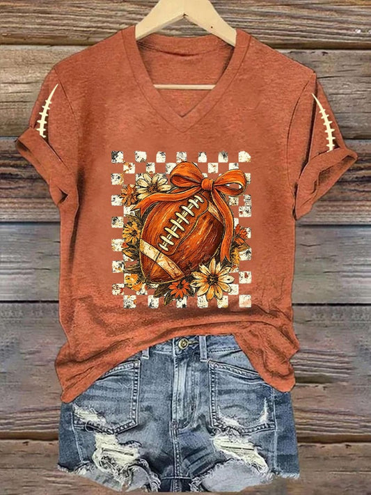 Women's V-Neck Retro Fall Means Football Print T-Shirt