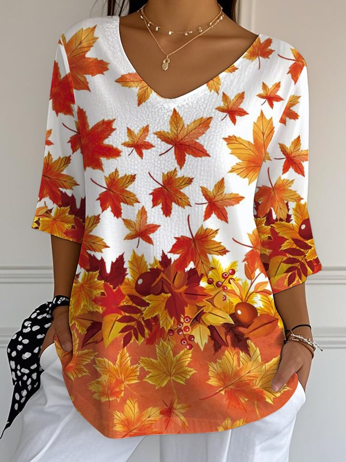 Women's Casual Autumn Maple Leaf Pumpkin Bubble Wrinkle Cotton and Linen Top