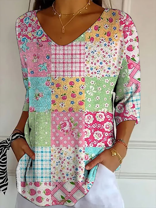 Women's Casual Pink Patchwork Print Top
