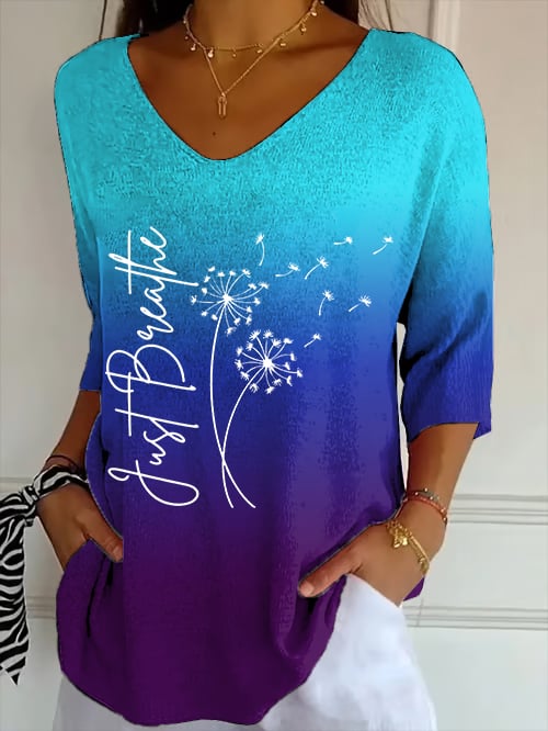 Women's Just Breathe Print V Neck Top