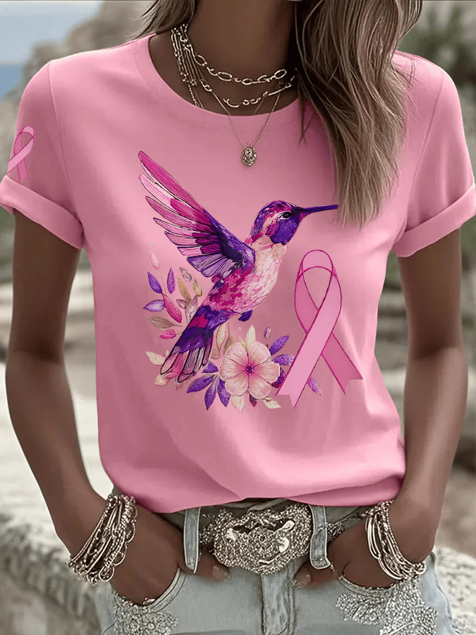 Women's Breast Cancer Hummingbird Print Crew Neck T-Shirt