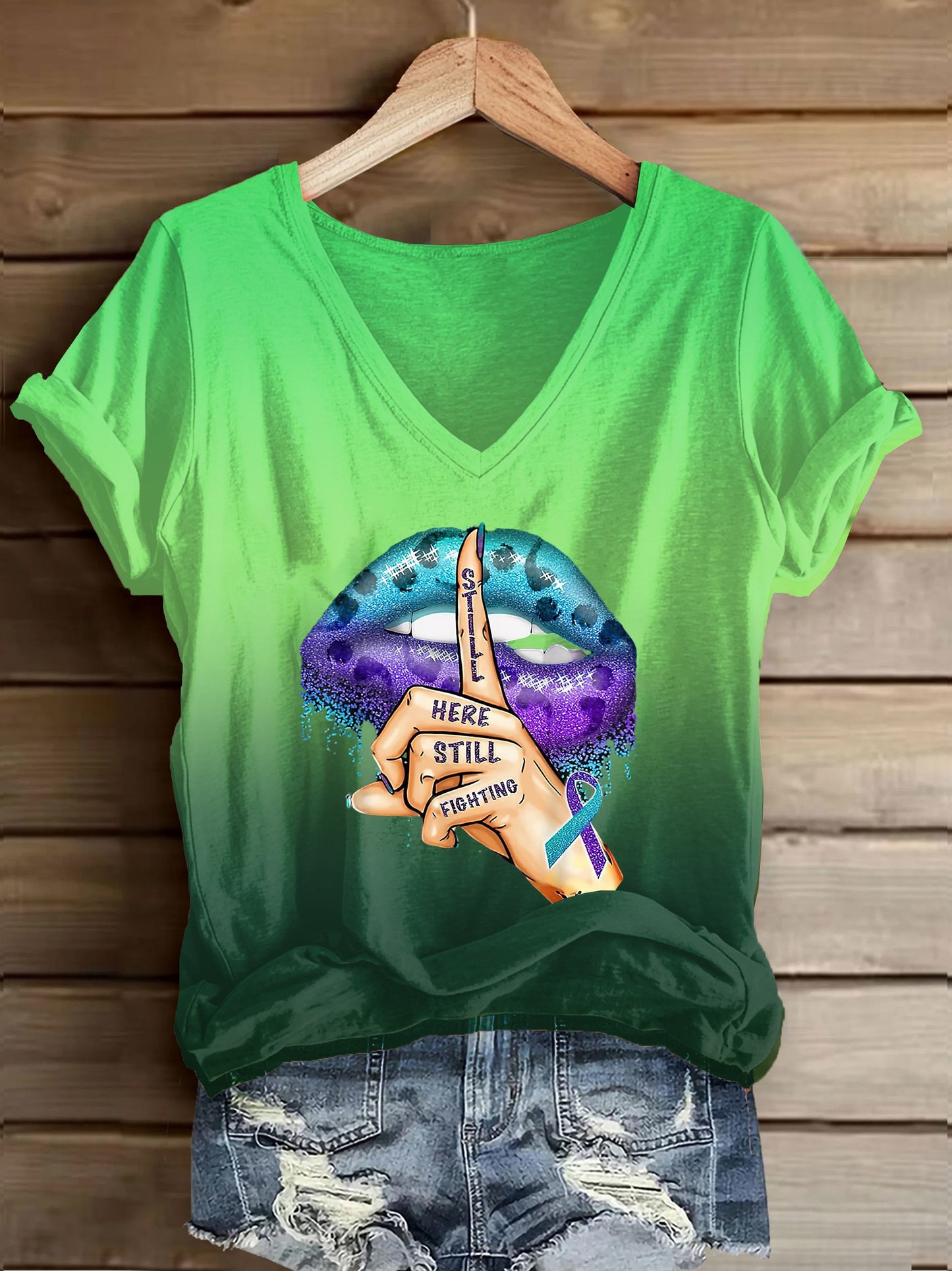 Women's Suicide Prevention Awareness Still Here Still Fighting Lips Printed Casual T-Shirt