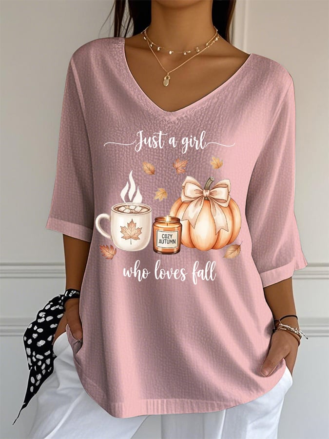 Women's Just A Girl Who Loves Fall Print Mid-Sleeve Casual T-Shirt