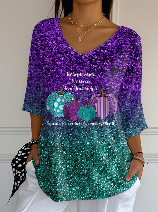 Women's In September We Wear Teal And Purple Suicide Prevention Awareness Print Mid Sleeve T-Shirt