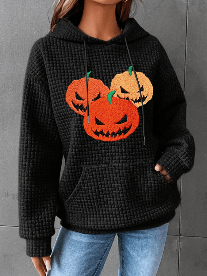 Women's Pumpkin Face Print Waffle Fabric Hooded Sweatshirt