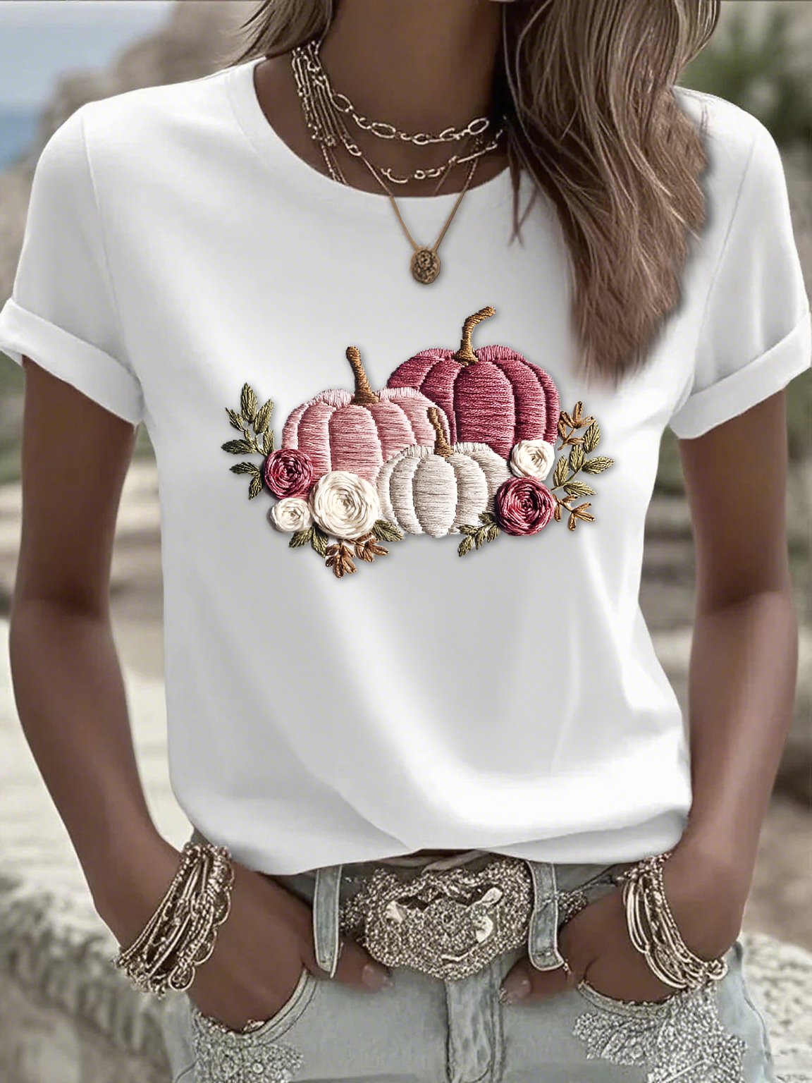 Women's casual pink pumpkin T-shirt