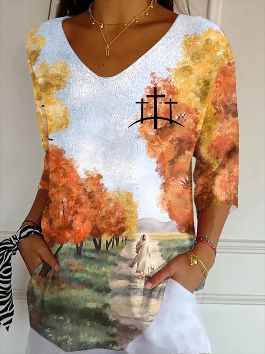 Women's Fall Faith Design Printed Striped Fabric Casual V-Neck Mid-Sleeve T-Shirt