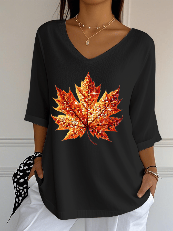 Women's Sequined Maple Leaf Pumpkin Printed Jacquard Fabric Casual V-Neck Top