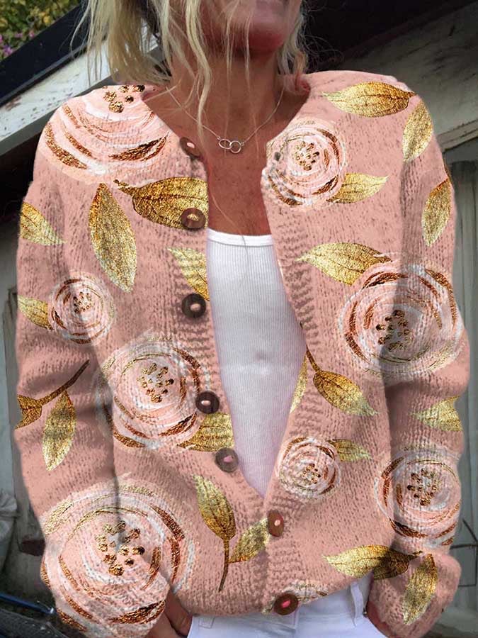 Women's Pink Floral Breast Cancer Awareness Print Buttoned Cardigan Sweater