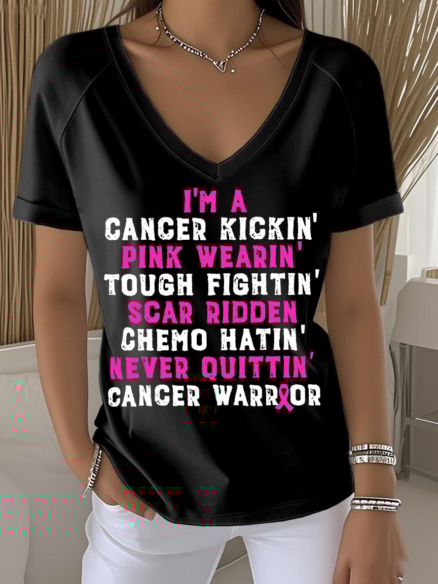Women's Retro Breast Cancer Awareness Cancer Kickin' Chemo Hat In' Warrior Printed Raglan V-Neck T-Shirt