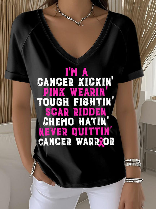 Women's Retro Breast Cancer Awareness Cancer Kickin' Chemo Hat In' Warrior Printed Raglan V-Neck T-Shirt