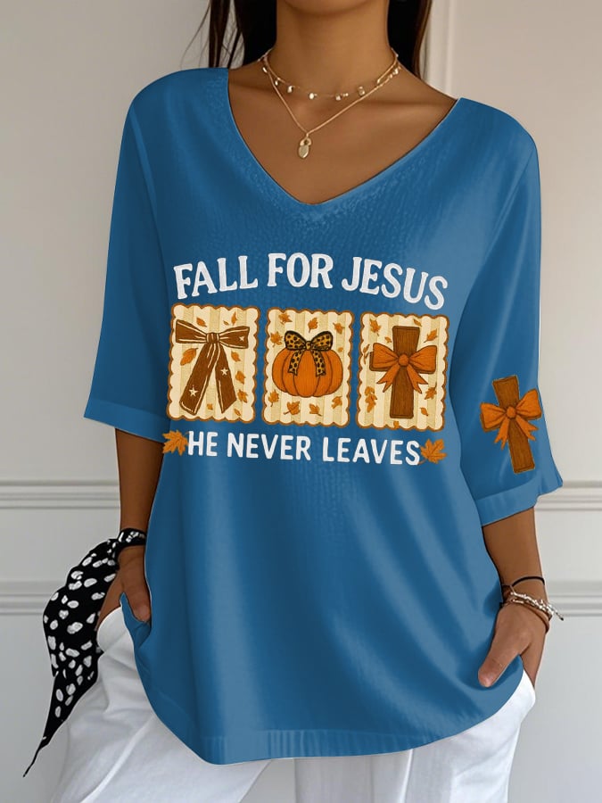 Women's Retro Fall For Jesus He Never Leaves Print T-Shirt