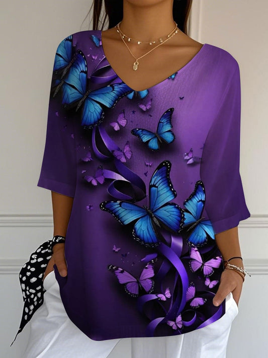 Womens Suicide Prevention Awareness Ribbon Print Jacquard Fabric Casual V Neck Top