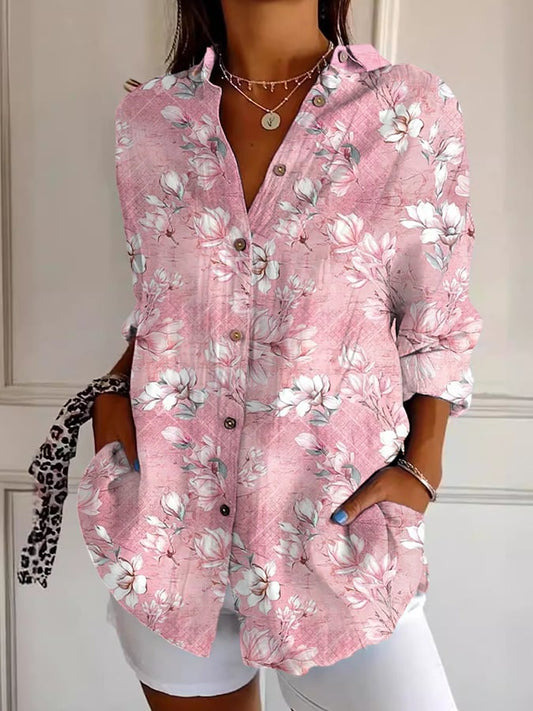 Vintage Breast Cancer Pink Flowers Prints Casual Shirt