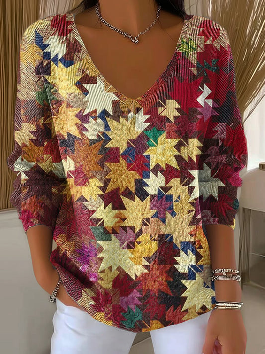 Women's Casual Autumn Maple Leaf Striped Bottoming Shirt