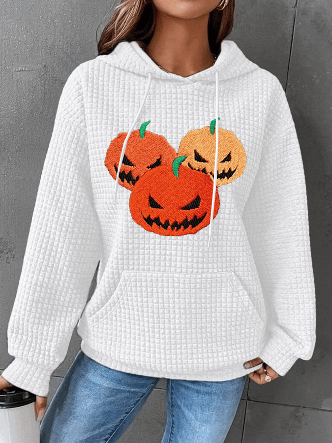Women's Pumpkin Face Print Waffle Fabric Hooded Sweatshirt
