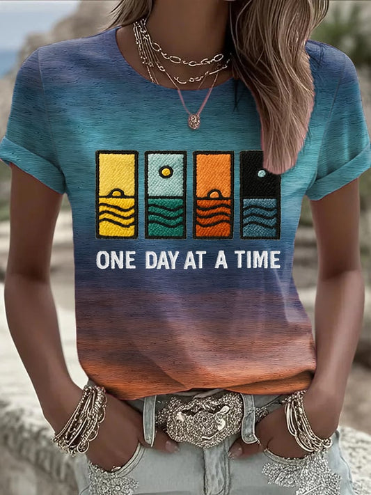 Women's Retro One Day At A Time Printed Casual T-Shirt