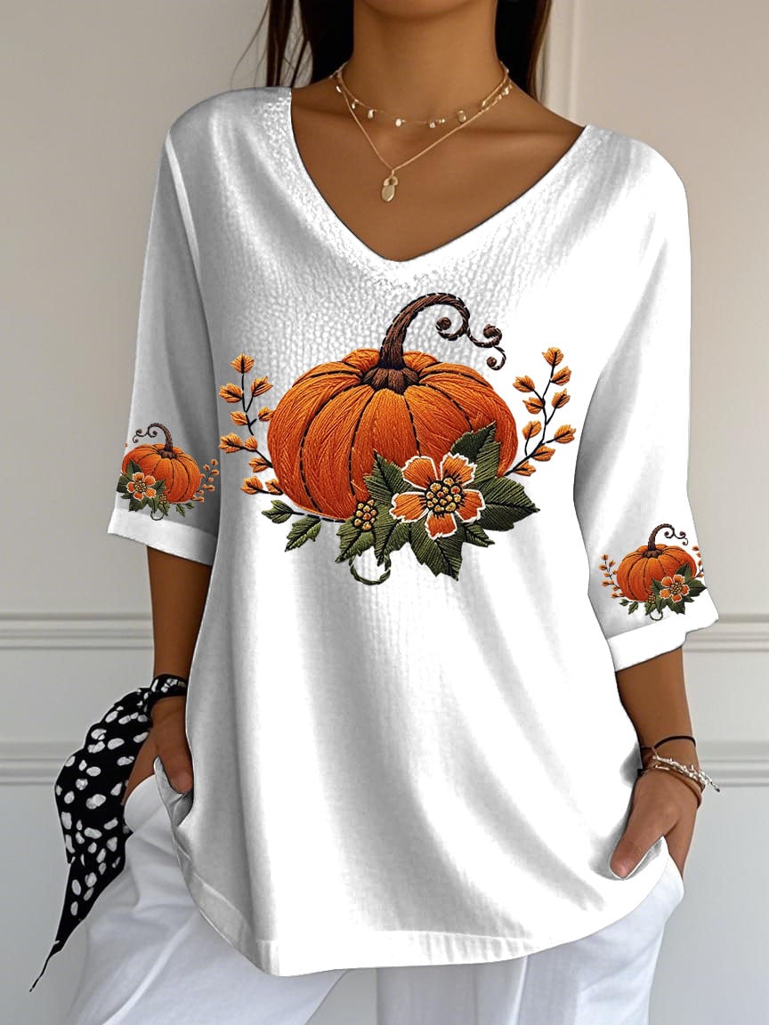 Women's Retro Autumn Pumpkin Print Mid Sleeve T-Shirt