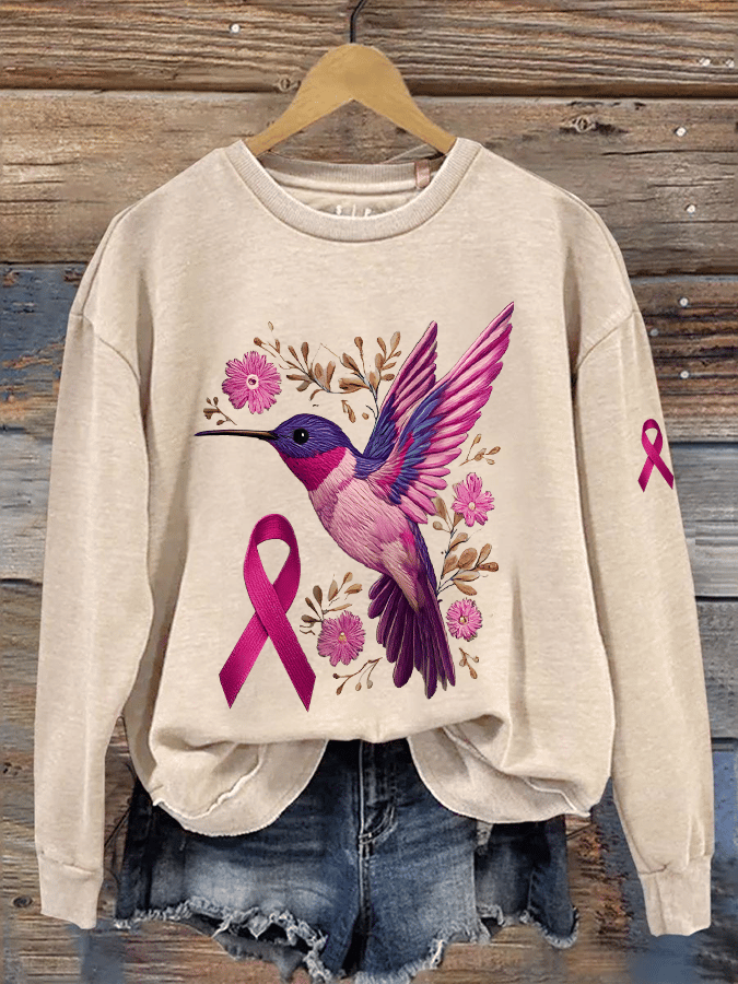 Women's Breast Cancer Awareness Hummingbird Print Crew Neck Sweatshirt