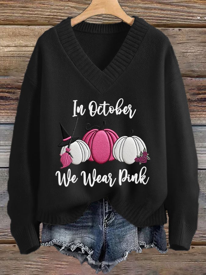 Women's Breast Cancer In October We Wear Pink V-Neck Sweater