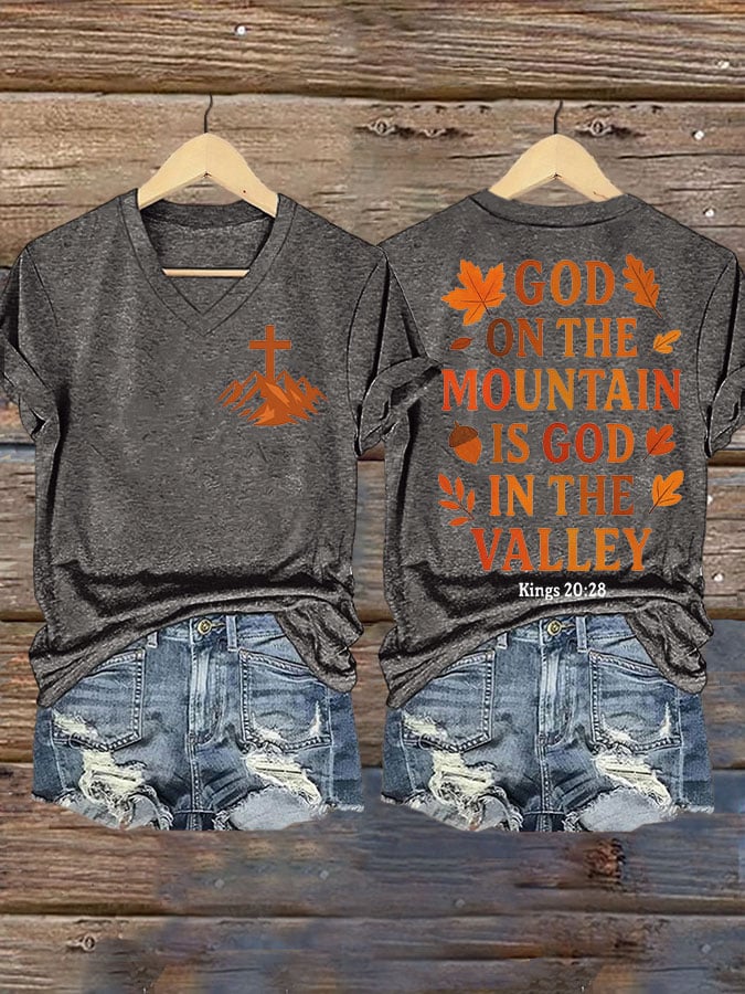 The God of the Mountain is the God of the Valley Women's Autumn Print V-Neck T-Shirt