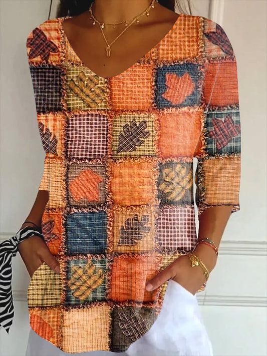 Women's Patchwork Pumpkin Design Print Top