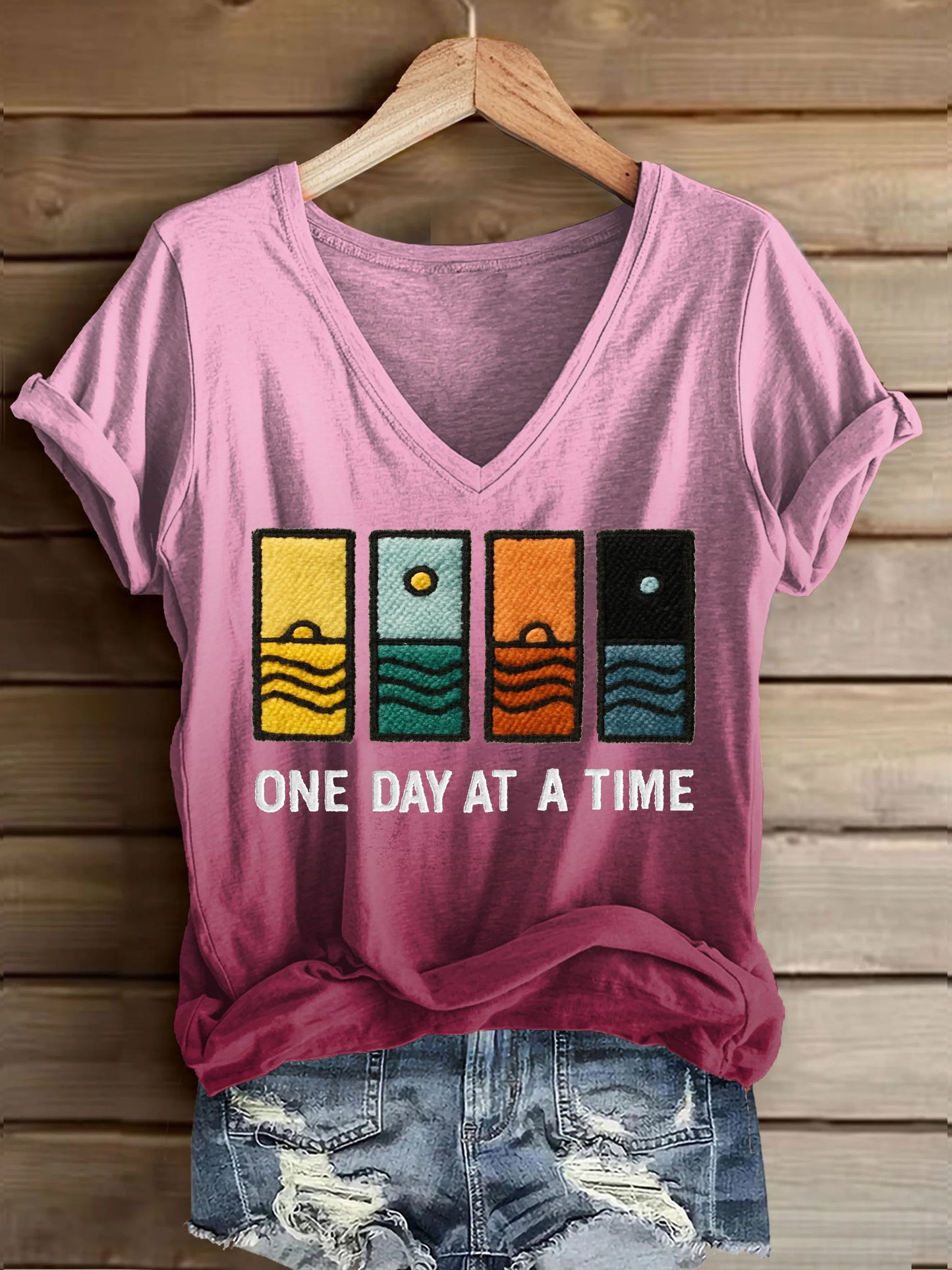Women's Retro One Day At A Time Printed Casual T-Shirt