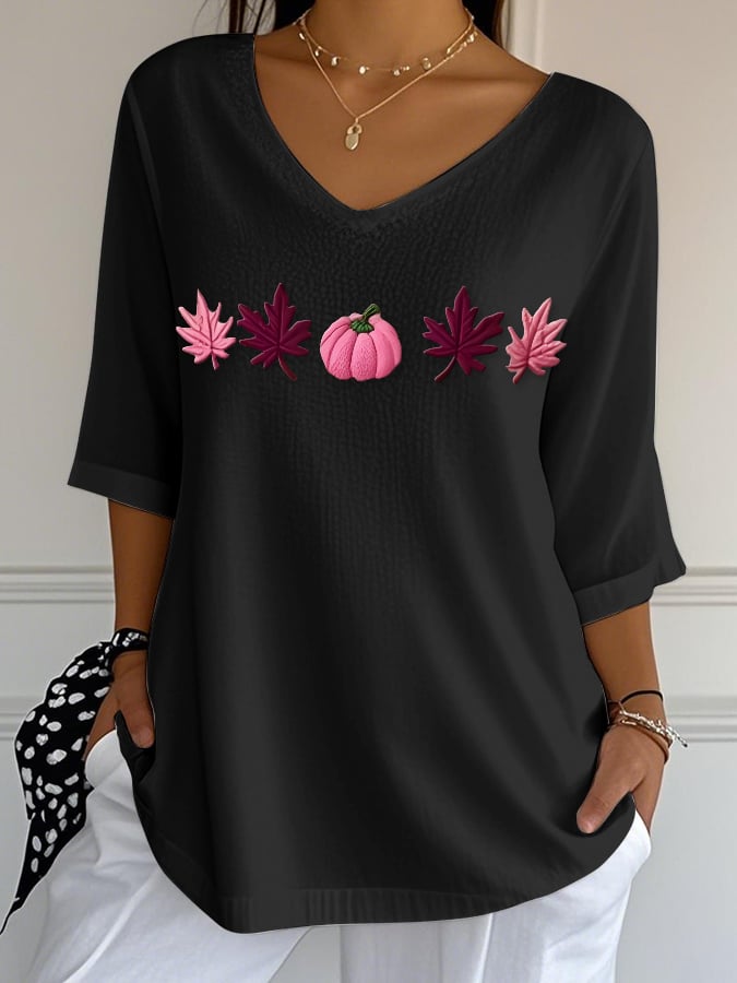 Women's Casual Pink Maple Leaf Bubble Wrinkle Top