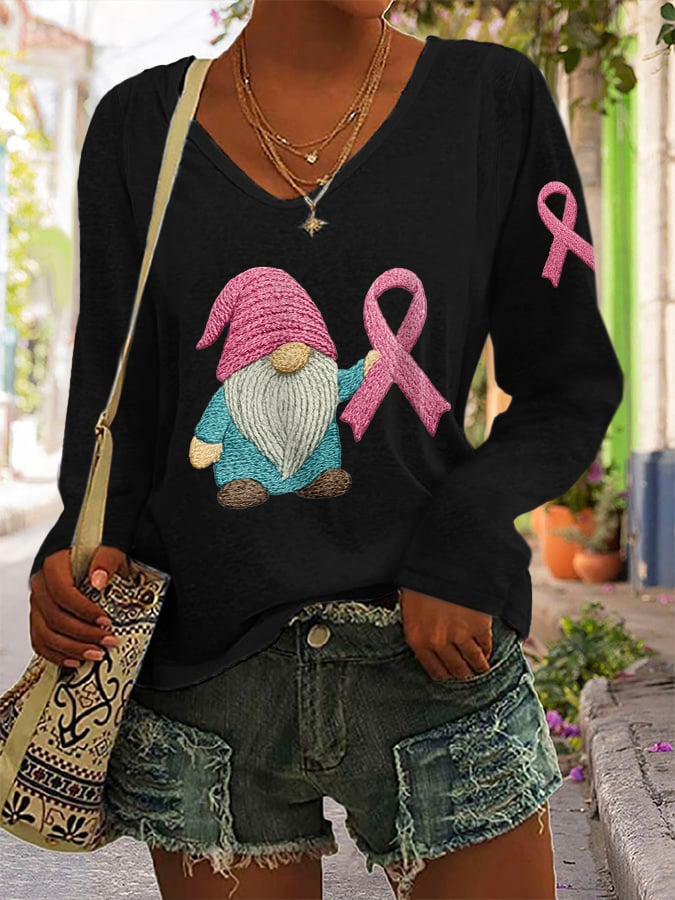 Women's Breast Cancer Awareness Print Long Sleeve V-Neck T-Shirt