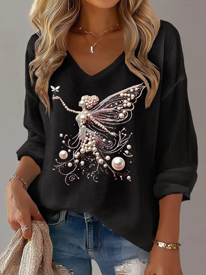 Women'S Casual Pink Breast Cancer Print Waffle Long Sleeve T-Shirt