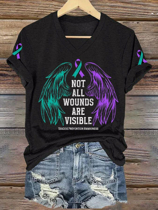 Womens Mental Health Prevention Suicide Awareness Not All Wounds Are Visible Print Casual T-Shirt