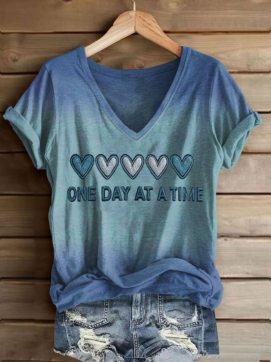 Women's Retro One Day At A Time Printed Casual T-Shirt