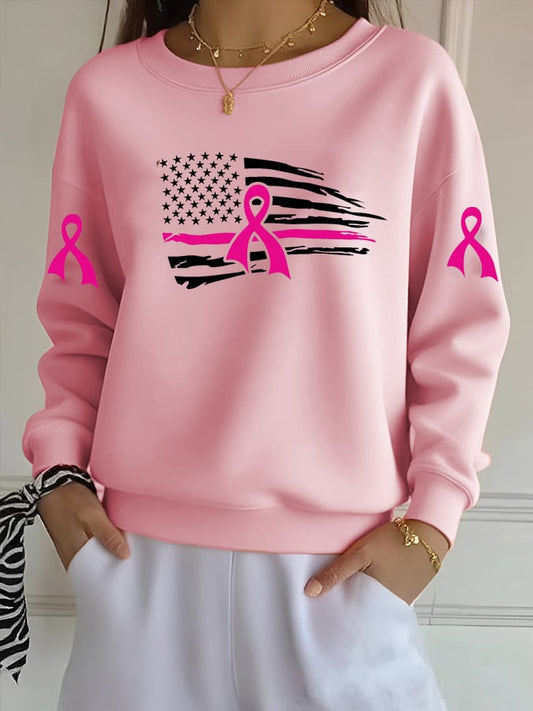 Women's Pink Breast Cancer Awareness Ribbon Distressed American Flag Sweatshirt