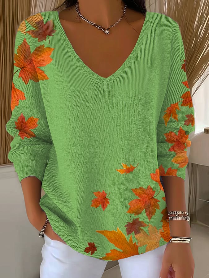 Women's Casual Retro Maple Leaf Striped Long-Sleeved Top