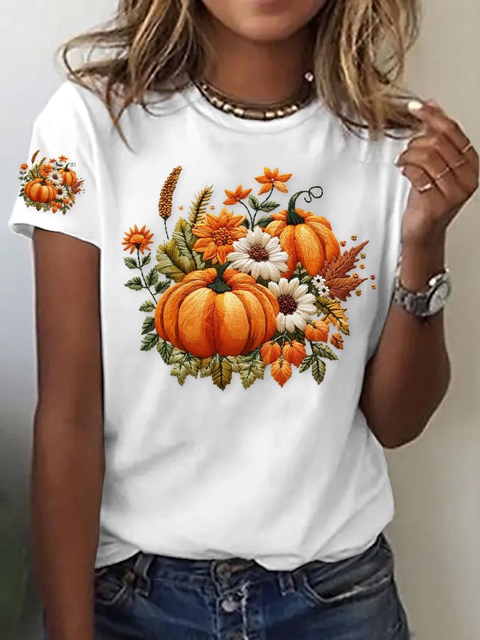 Women's Casual Autumn Pumpkin Short Sleeve T-shirt