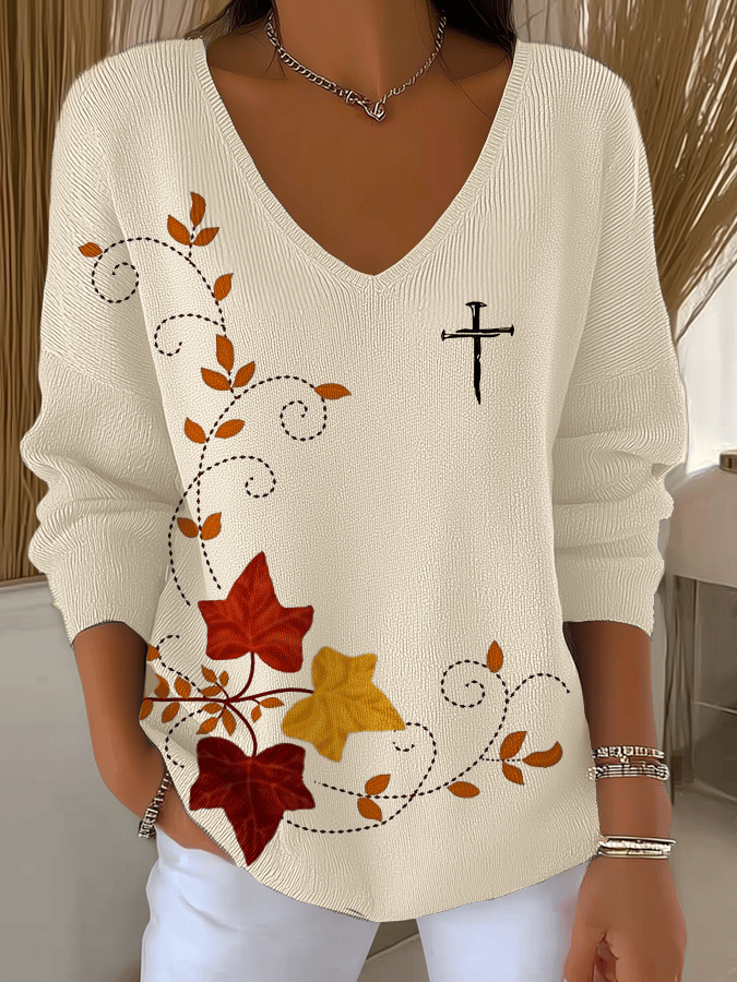 Women's Autumn Maple Leaf Faith Print Casual Striped Fabric Long Sleeve T-Shirt