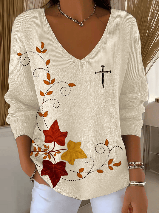 Women's Autumn Maple Leaf Faith Print Casual Striped Fabric Long Sleeve T-Shirt