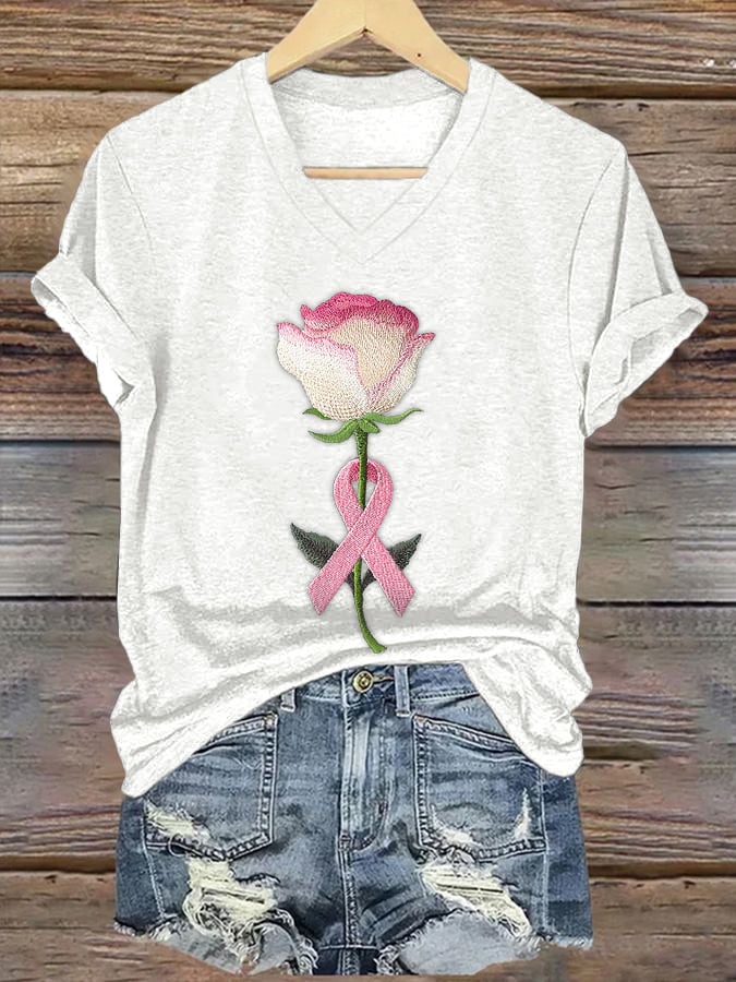 Women's embroidered pink floral print T-shirt