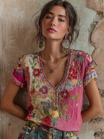 Women's Vintage Pink Floral Embroidery Art Round Neck Short Sleeve Linen Blend T-Shirt