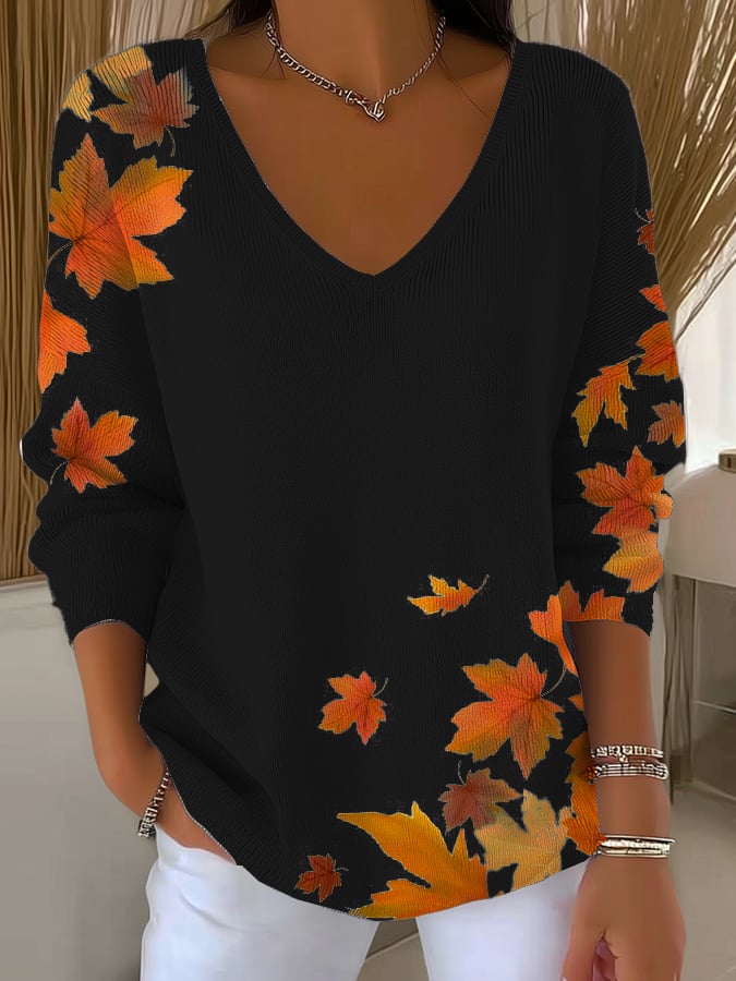 Women's Casual Retro Maple Leaf Striped Long-Sleeved Top