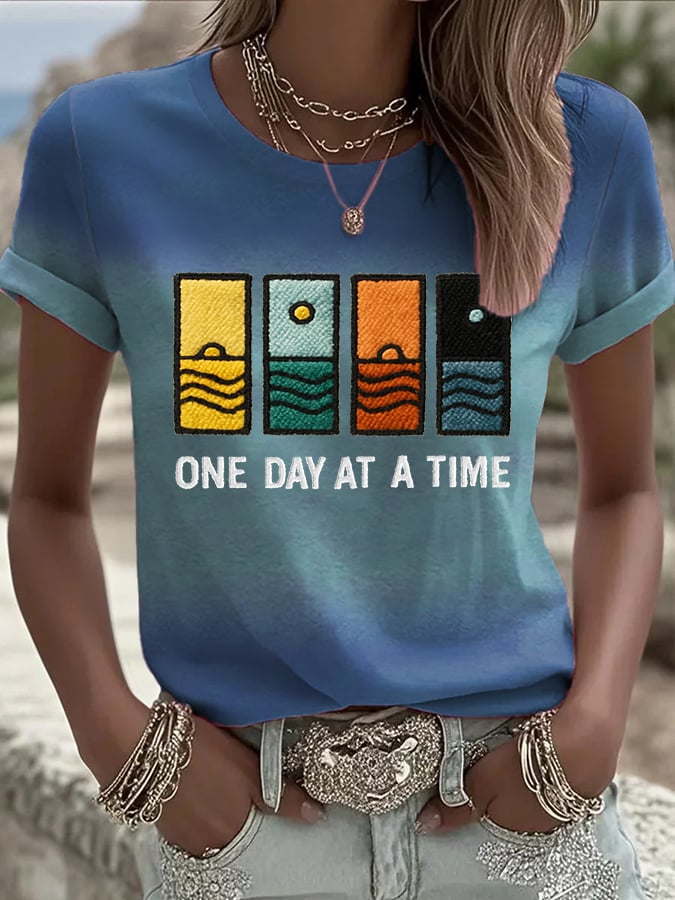 Women's Retro One Day At A Time Printed Casual T-Shirt