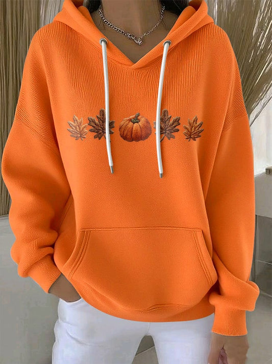 Women's Casual Maple Leaf Pumpkin Autumn Long Sleeve Hoodie